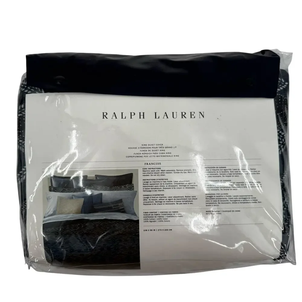Ralph Lauren Home King Duvet Cover 108 x 96 Francois NWT Navy Blue Cotton $425